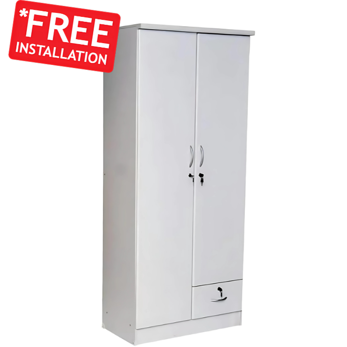 2 Door Wooden Wardrobe with Lockable Drawer | Modern Bedroom Storage Cabinet with Hanging Space & Shelves (Free Assembly )