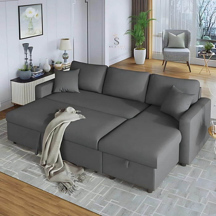 SULSHA 3-Seater Diwan Sofa Cum Bed with Storage | Convertible Left/Right Chaise Lounge | Grey Textured Fabric Sofa Bed for Living Room | Space-Saving Modern Furniture