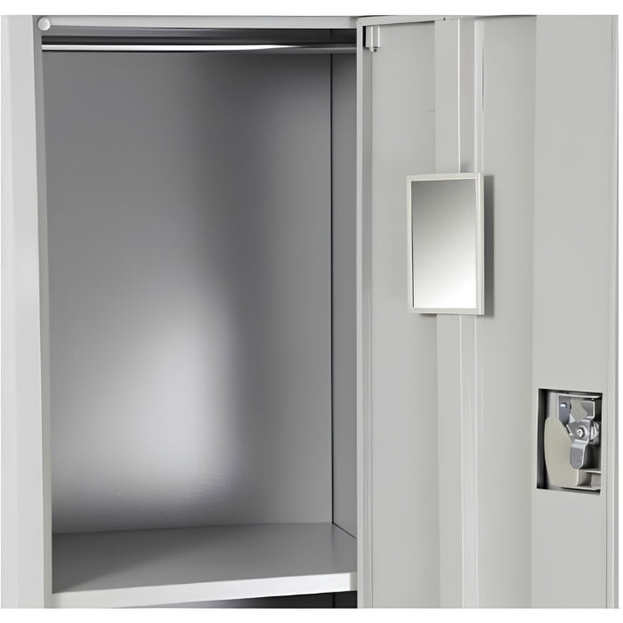 Grey lockable metal locker styled in a home dressing room setting