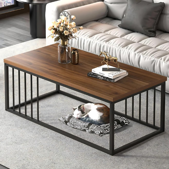 SULSHA Modern Industrial Coffee Table with Storage – Rectangular MDF Wooden Top & Black Metal Frame, Living Room Center Table, Sofa Table with Open Shelf for Apartments.