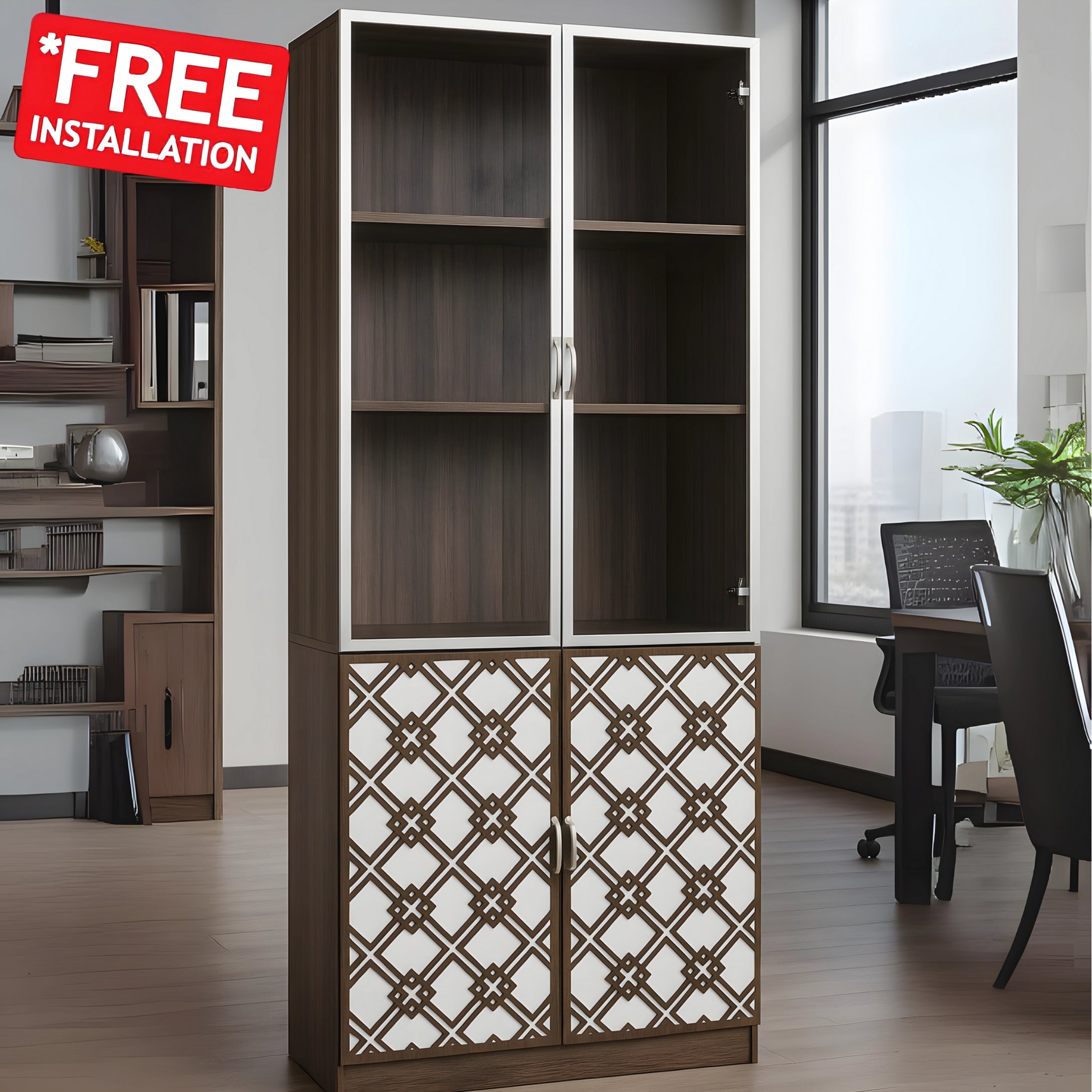 SULSHA 2 Door Glass Bookcase SS-6152-2D | Modern Wooden Bookshelf & Storage Cabinet | Walnut + White Display Rack Organizer Cupboard for Home & Office (200x80x40 cm) | Free Installation