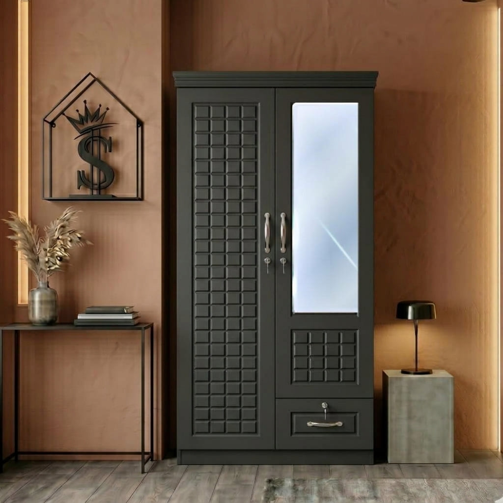 Wooden Wardrobe with Mirror, 2 Door Bedroom Closet Organizer, Storage Cabinet for Clothes & Accessories (WITH, WITHOUT INSTALLATION)