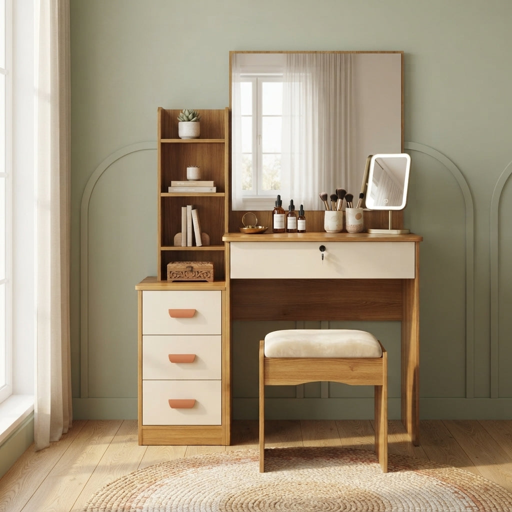 SULSHA Dressing Table Vanity with Mirror & Stool – Brown, Large Storage Drawers | UAE