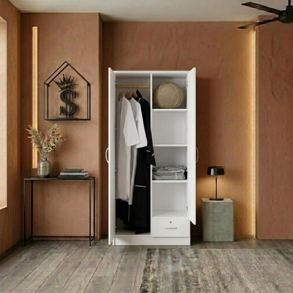 Nefer 2 Door Wooden Wardrobe With One Lockable Drawer (With, Without Assembly)