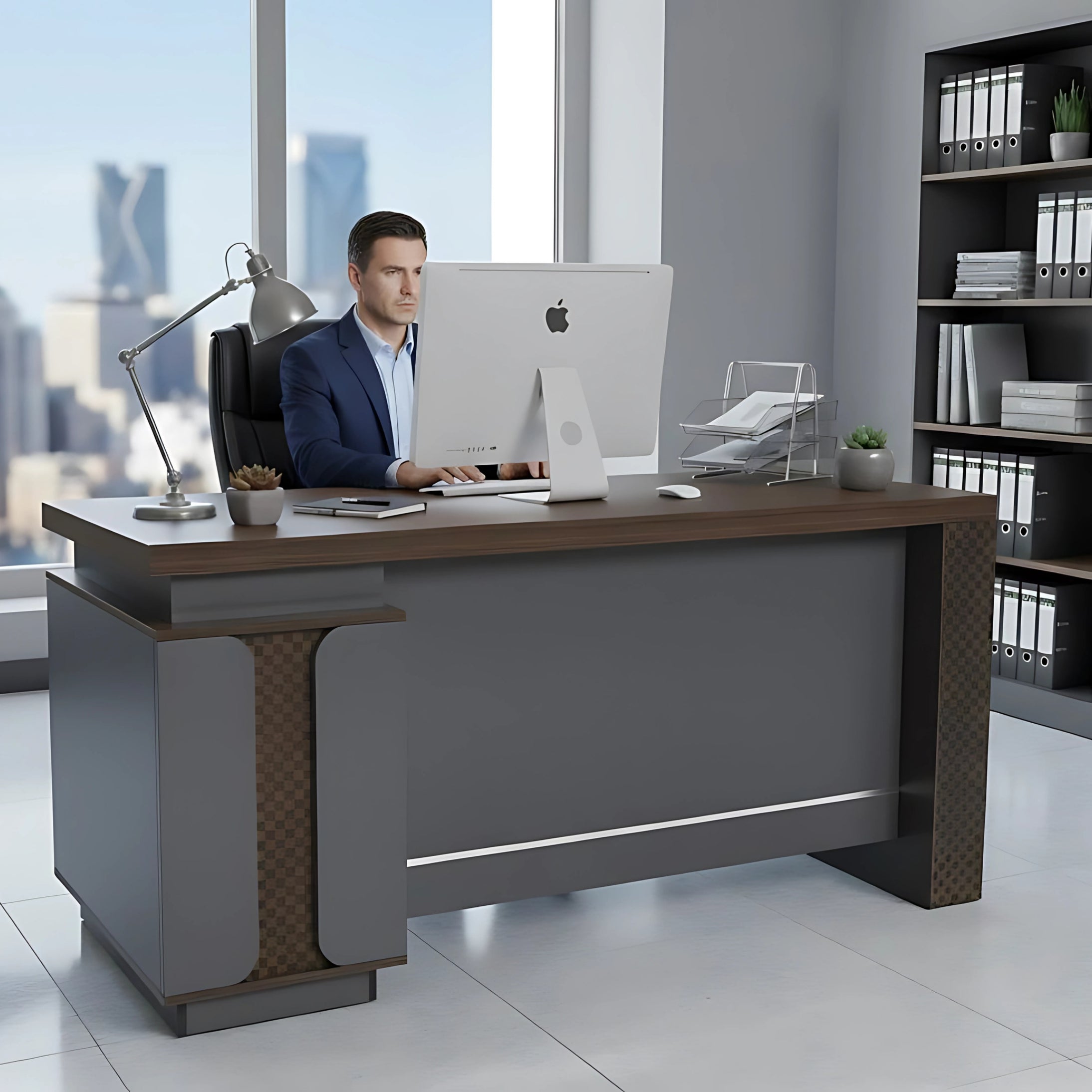 SULSHA Executive Wooden L-Shaped Office Desk – 160cm Coffee Grey | Modern Computer Table with 3 Lockable Drawers, Stylish Manager Executive Desk for Home & Office Workspace