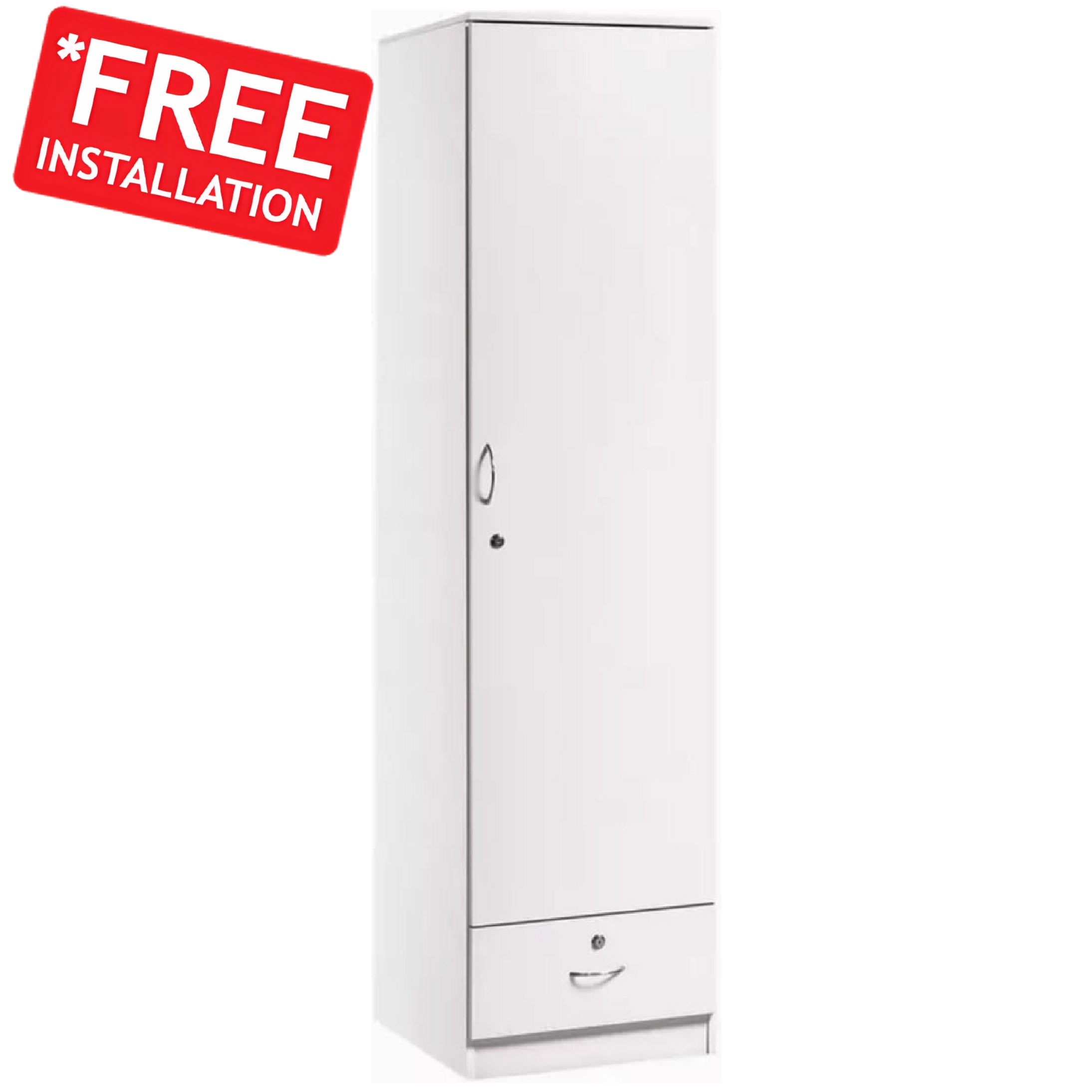 SULSHA Single Door Wooden Wardrobe | Engineered Wood Cupboard with Shelf & Lockable Drawer | Modern Bedroom Clothes Storage Cabinet | 1 Door Durable Wardrobe (Free Assembly)