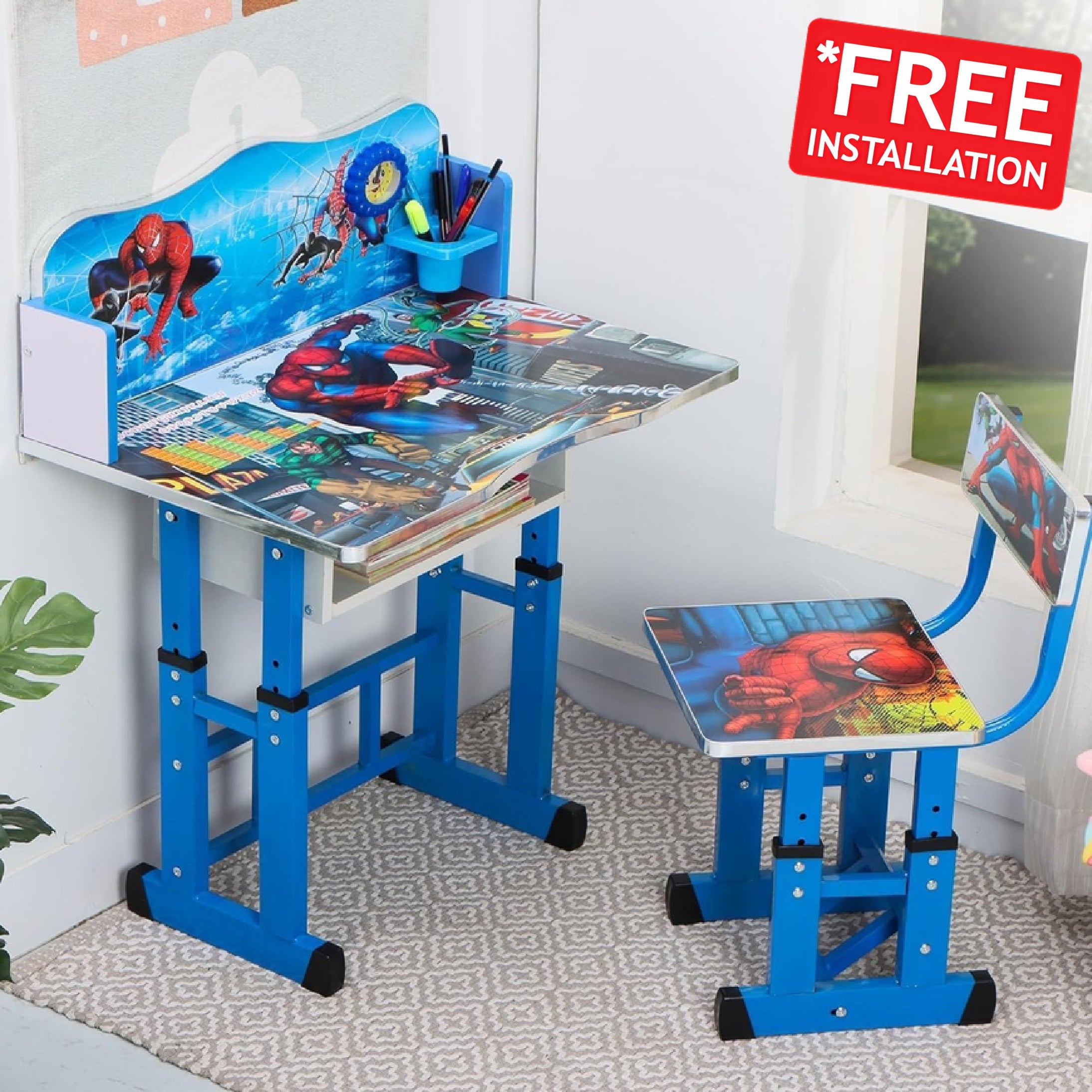 SULSHA Adjustable Kids Study Desk and Chair Set ST39 – Spider-Man Design | Ergonomic Children’s Educational Study Table and Chair with Bookshelf & Storage for Learning and Comfort