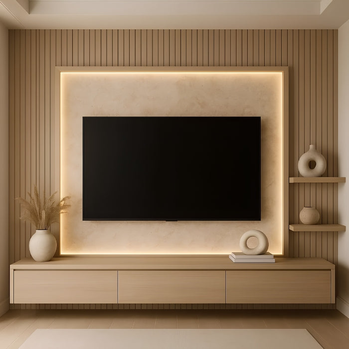 SULSHA luxury fluted wall TV unit backlit stone panel UAE – TV unit Abu Dhabi