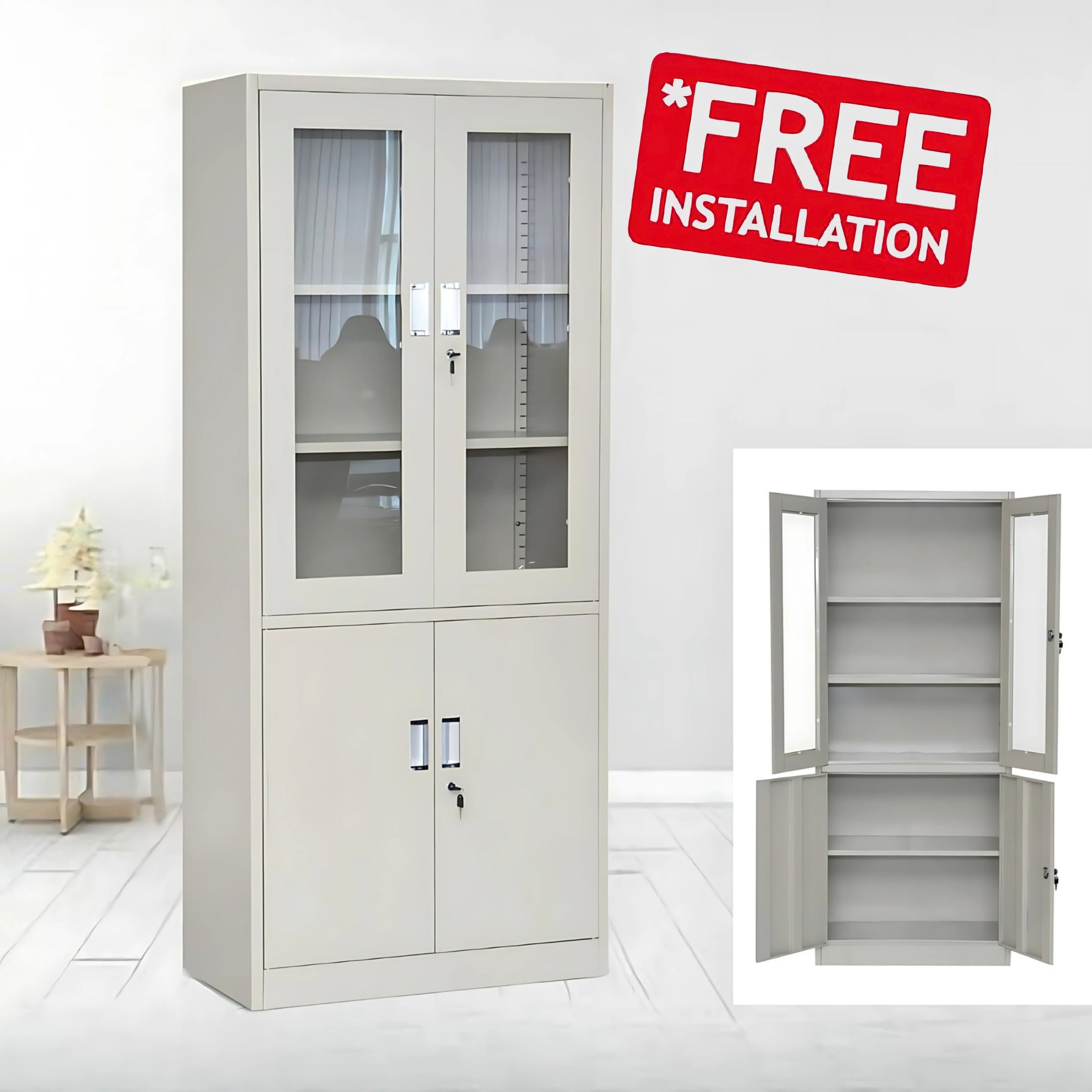 Sulsha Storage Cabinet with Upper Glass Two Doors and Lockable Two Lower Steel Doors, Featuring Interior Steel Racks and Shelves for Living Room, Kitchen, Office, School, or Study Grey